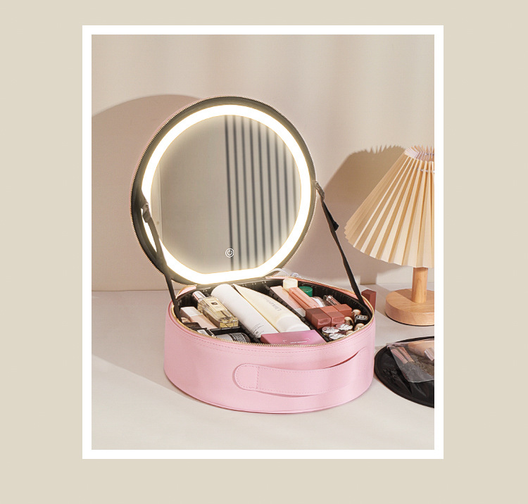 Makeup Bag with round Mirror Rechargeable Cosmetic Case woman Makeup Train Case Cosmetic Organizer with Mirror and Light